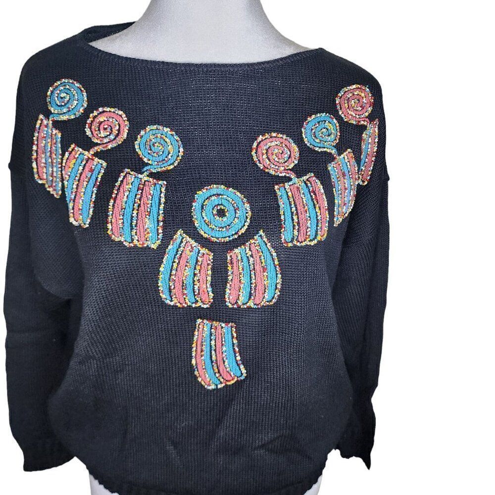 Vintage 1980s Pullover Geometric Beaded Sweater Womens Size L Black